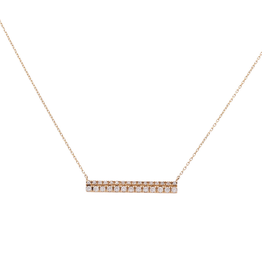 The 14K Yellow Gold Fashion Diamond Women Necklace by Miral Jewelry features a horizontal bar pendant encrusted with small diamonds, making it perfect for adding elegance to any ensemble.