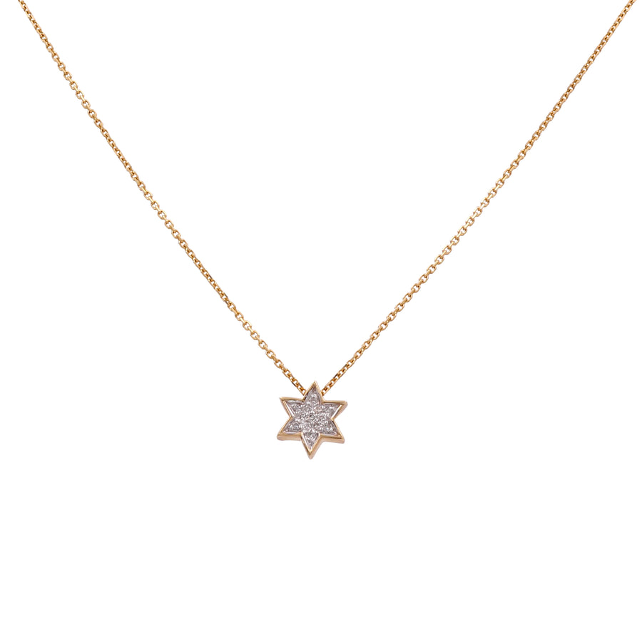 Introducing the Miral Jewelry 14K Yellow Gold Fashion Diamond Women Necklace, featuring a captivating small eight-point star pendant adorned with sparkling diamonds. This elegant piece of jewelry is perfect for any occasion.