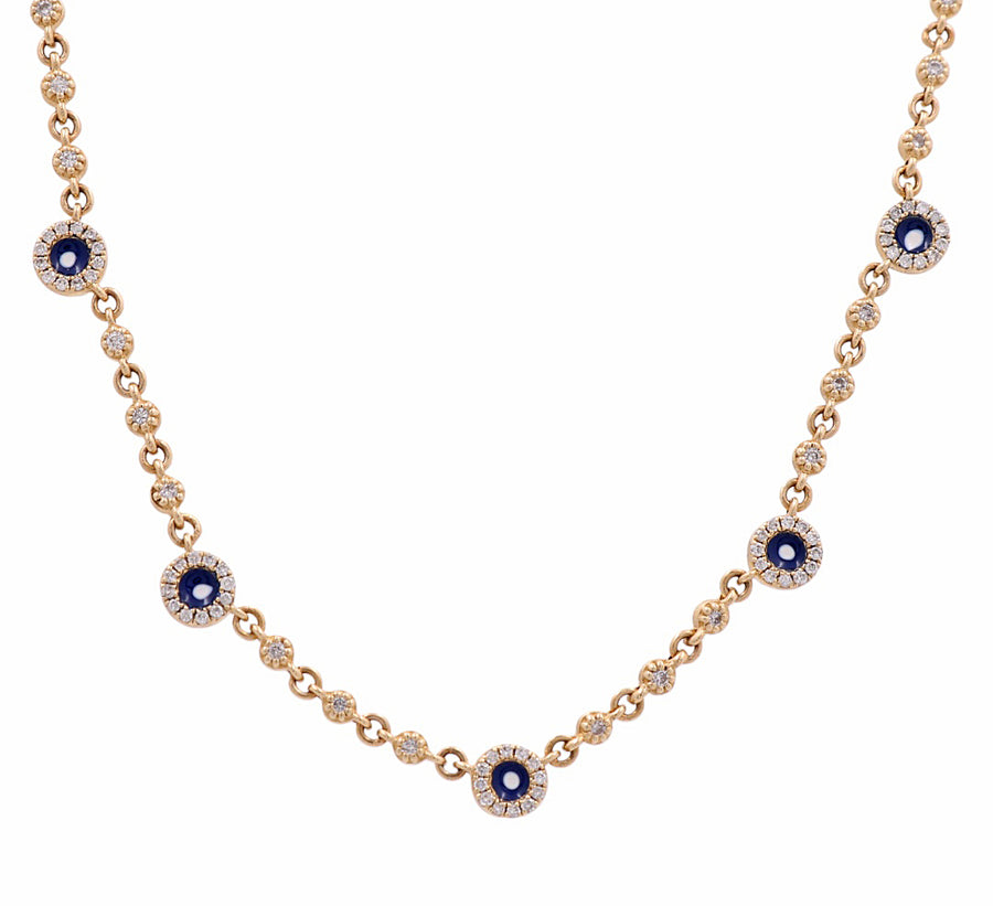 Introducing the Miral Jewelry 14K Yellow Gold Fashion Diamond Women Necklace, a stunning piece featuring alternating blue and clear gemstones symmetrically spaced along the chain—an exquisite addition to your jewelry collection.