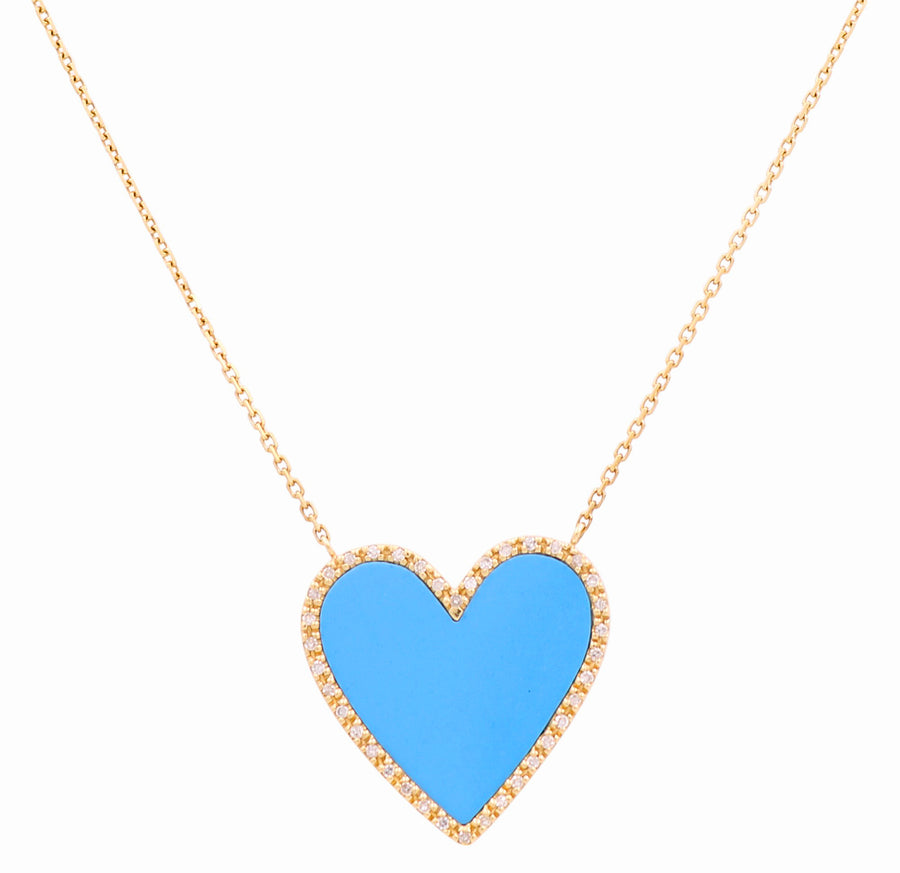 14K Yellow Gold Turquoise Heart Women's Necklaces with 0.12Tw Round Diamonds