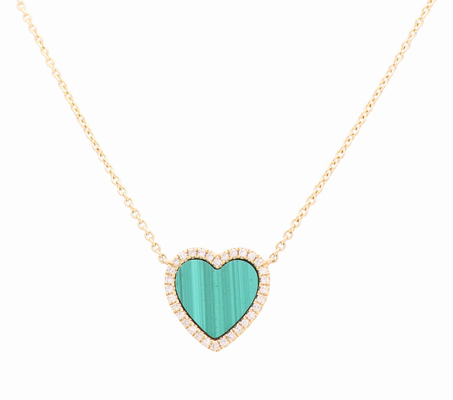 14K Yellow Gold Green Heart Women's Necklaces with 0.17Tw Round Diamonds