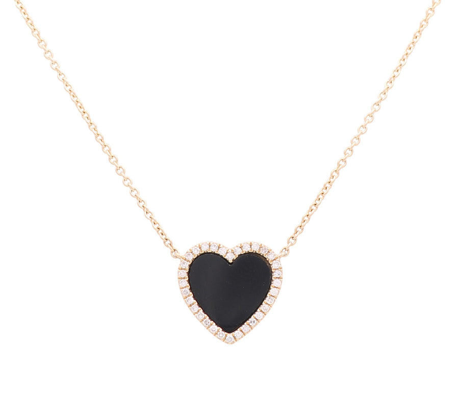 14K Yellow Gold Onyx  Heart Women's Necklaces with 0.17Tw Round Diamonds