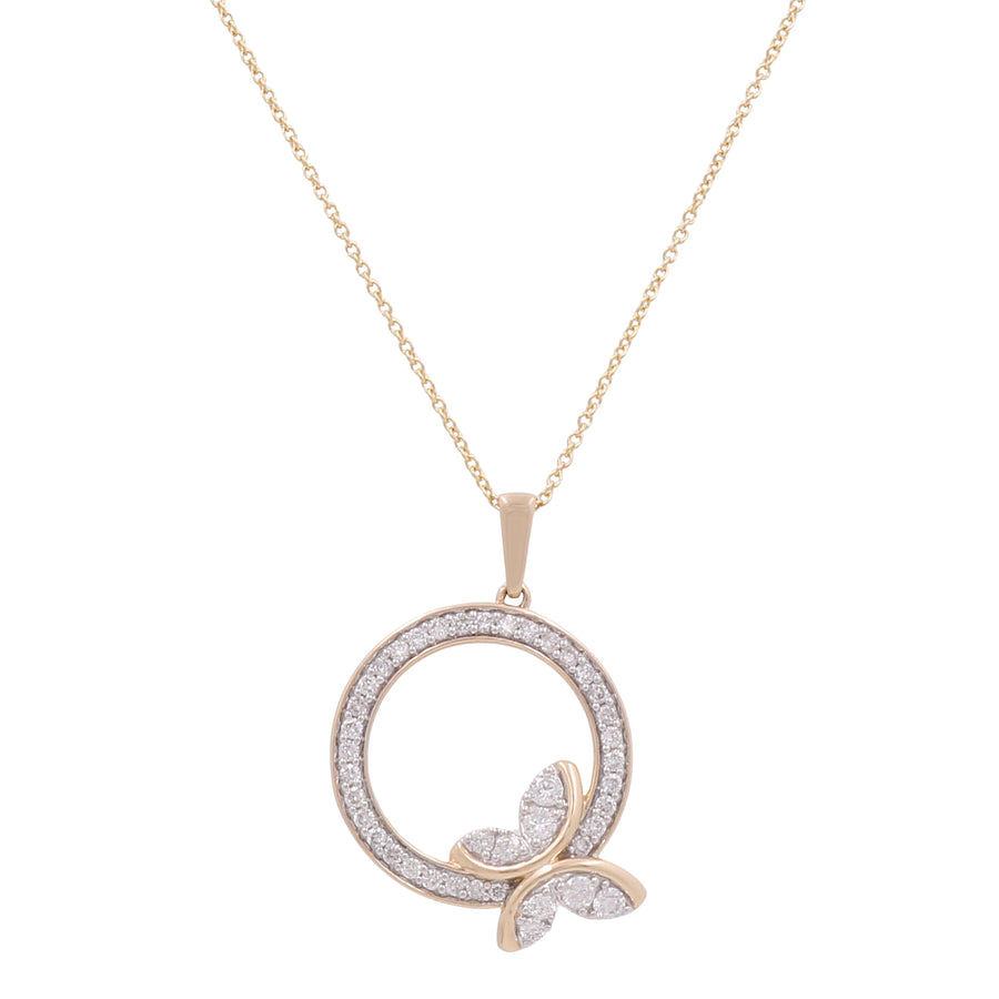 The Miral Jewelry 10K Yellow Gold Fashion Diamond Women's Necklace features a circular pendant adorned with small diamonds and a butterfly motif at the base, making it the perfect fashion accessory for women.