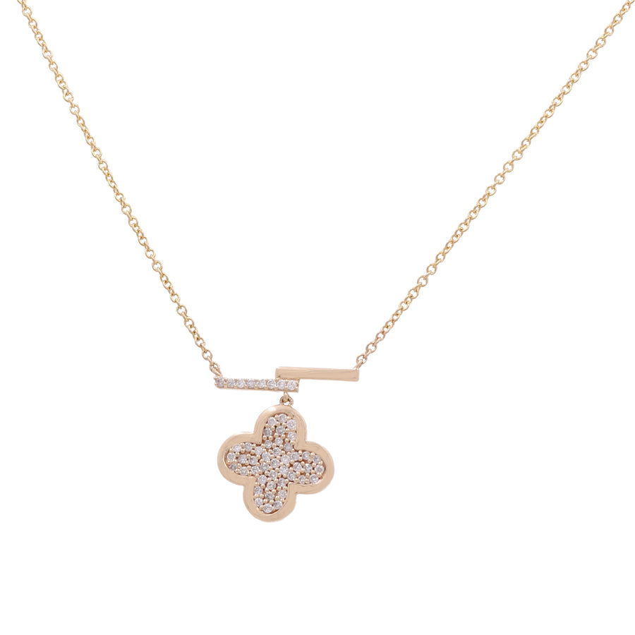 An elegant piece from Miral Jewelry, the 10K Yellow Gold Fashion Diamond Women's Necklace features a delicate yellow gold chain and a clover-shaped pendant adorned with small diamonds.