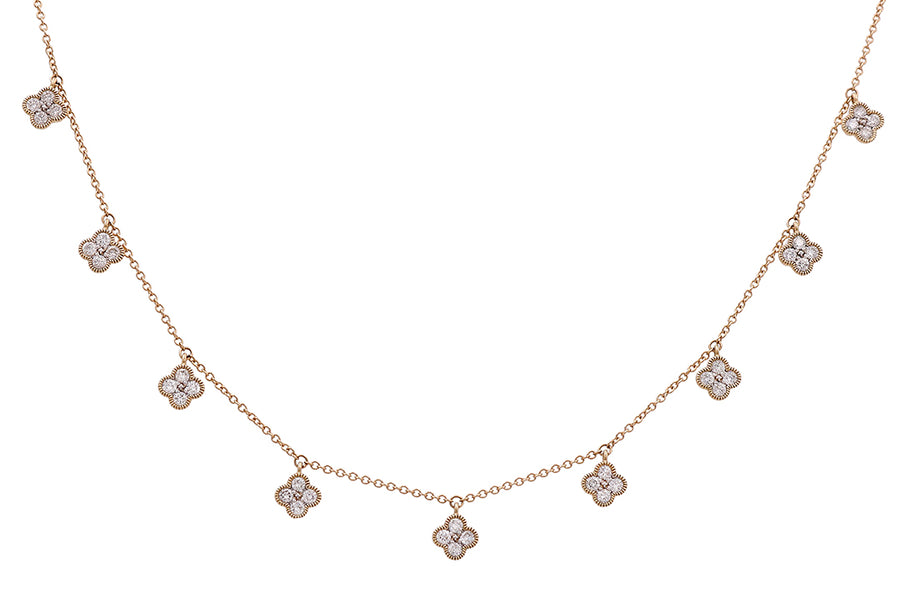 A 14K yellow gold necklace from Miral Jewelry, featuring a delicate chain with small, evenly-spaced clover-shaped pendants adorned with diamonds. This exquisite piece embodies the elegance and sophistication of women's fashion jewelry.