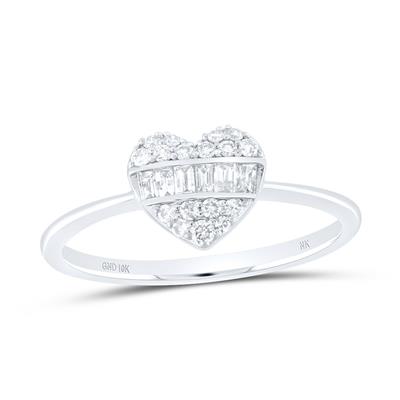 10K White Gold  Heart Woman Fashion Ring with 0.25Tw Round and Baguette Diamonds