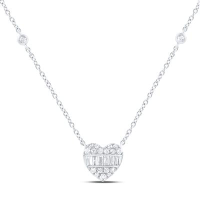 10K White Gold Heart  Diamond Women's Necklace wiht 0.25Tw Round and Baguette Diamonds