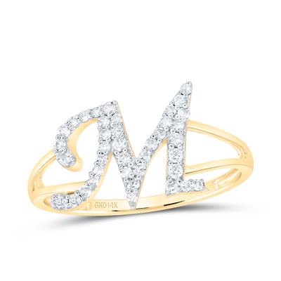 14K Yellow Gold  Letter M Woman Fashion Ring with 0.20Tw Round Diamonds