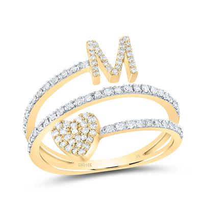 14K Yellow Gold  Inicial M Woman Ring with Round Diamonds