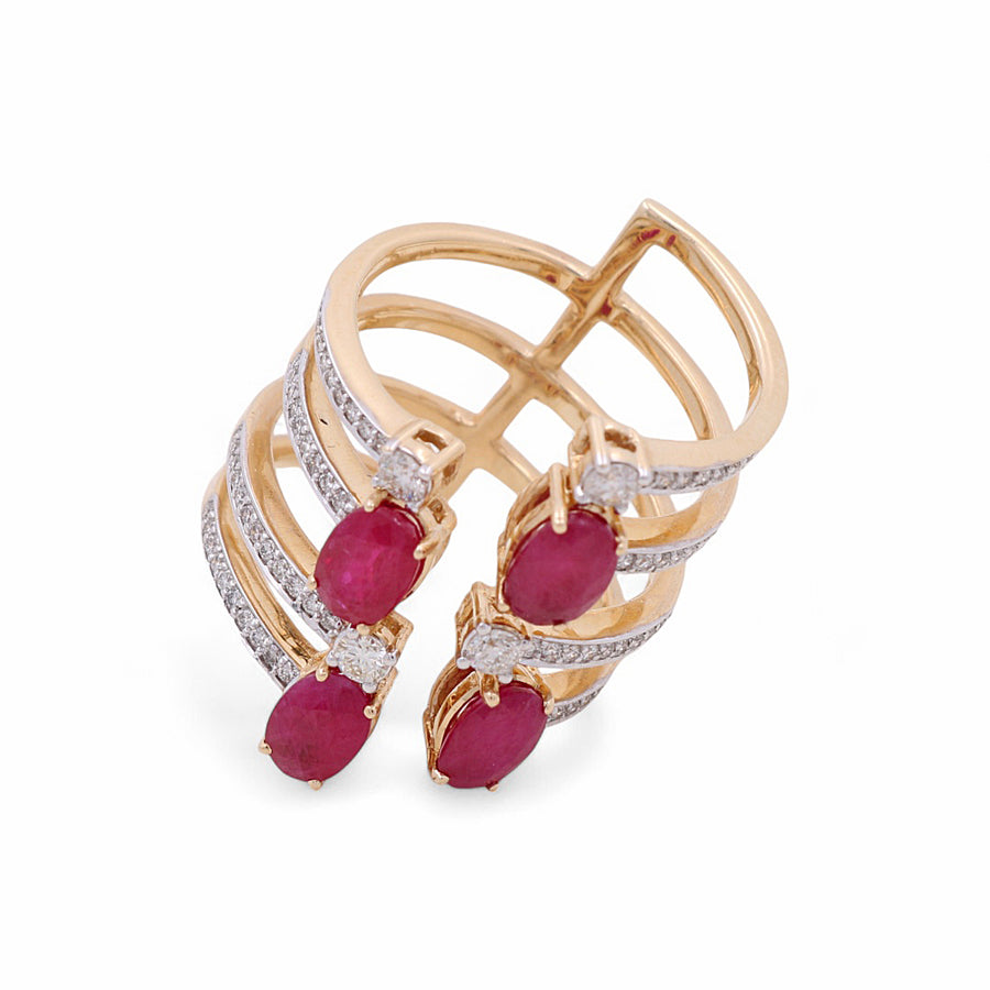 A stunning 14K Yellow Gold Woman Fashion Ring by Miral Jewelry, showcasing multiple bands adorned with glittering diamonds and vibrant rubies.