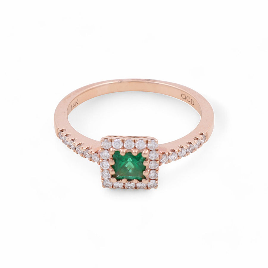 The 14K Yellow Gold Fashion Woman Ring with Diamonds and Emerald by Miral Jewelry, featuring a square emerald encircled by small diamonds and a diamond-studded band, is the epitome of a luxury accessory.