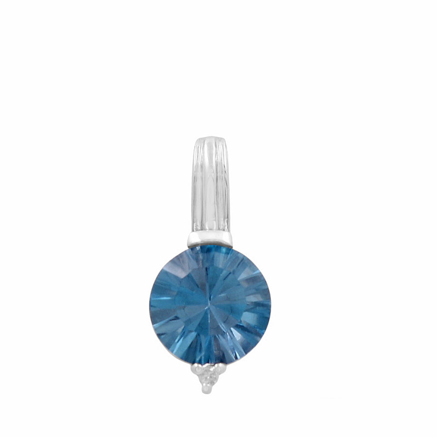 A 14K White Gold Diamonds and Blue Topaz Women’s Pendant by Miral Jewelry, featuring a round, faceted blue topaz gemstone elegantly suspended from a sleek bail, showcased against a plain white background.