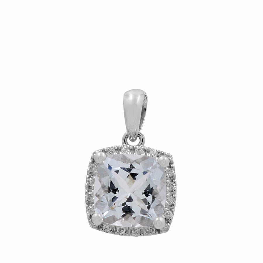 The 14K White Gold Fancy Link Women's Pendant by Miral Jewelry showcases a cushion-cut gemstone encircled by smaller sparkling stones, complemented with a simple bail and an intricate fancy link design.