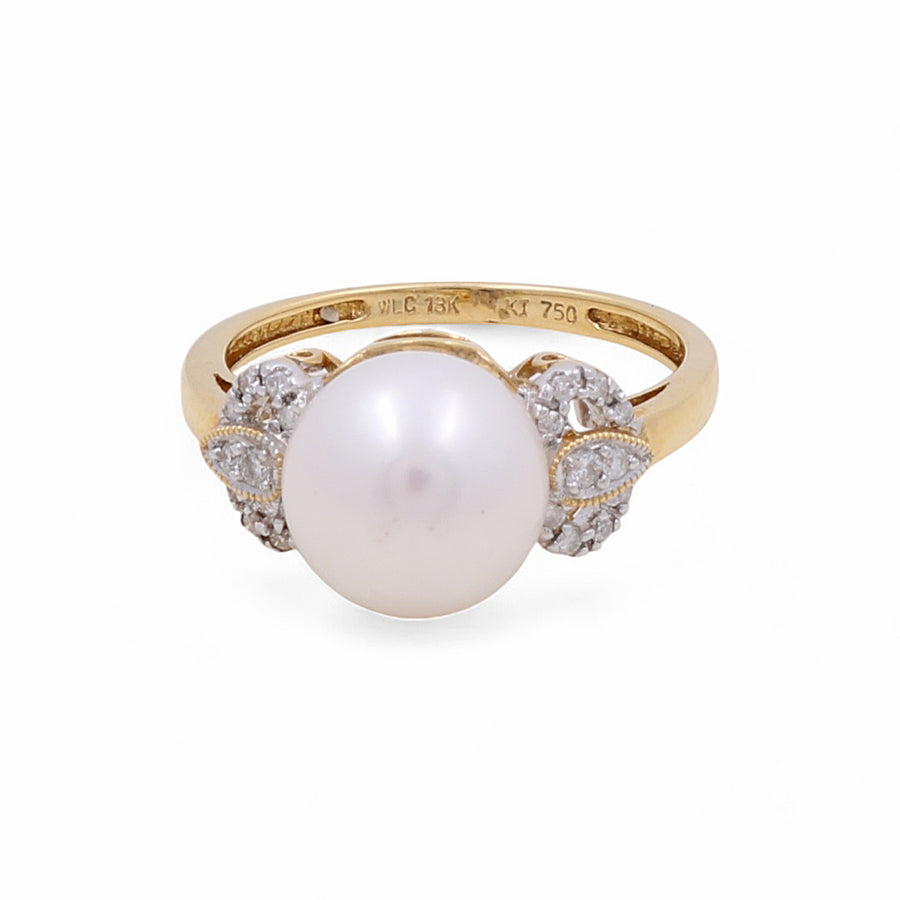 Introducing the Miral Jewelry 14K Yellow Gold Fashion Women's Ring, showcasing a central white pearl adorned with sparkling diamond accents—a perfect piece for fashion-forward women.