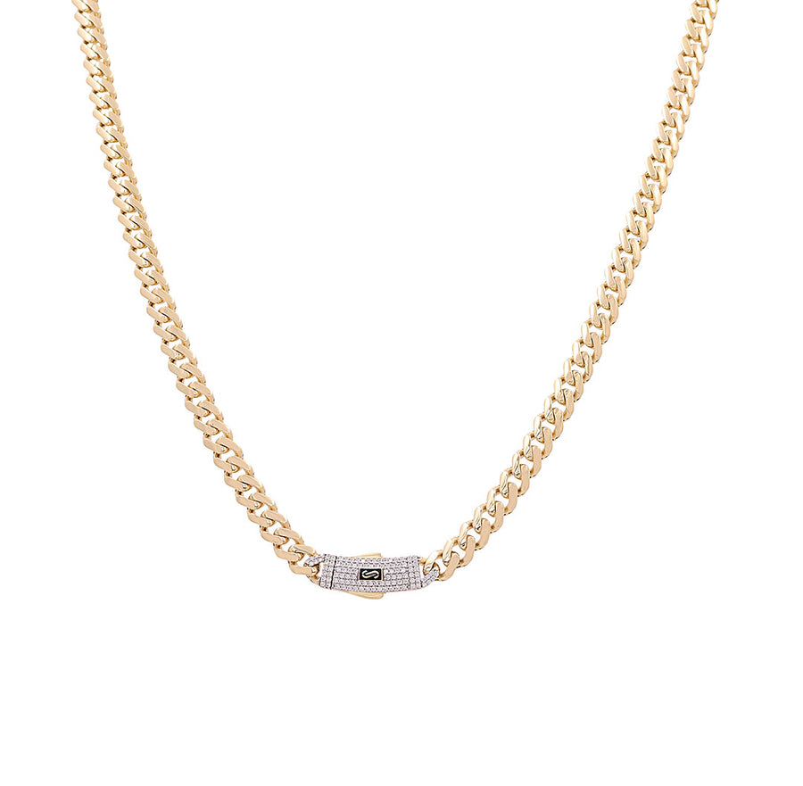 The exquisite 14K Yellow Gold Monaco Chain 24" by Miral Jewelry boasts a luxurious design with a clasp embellished with intricate diamond details.