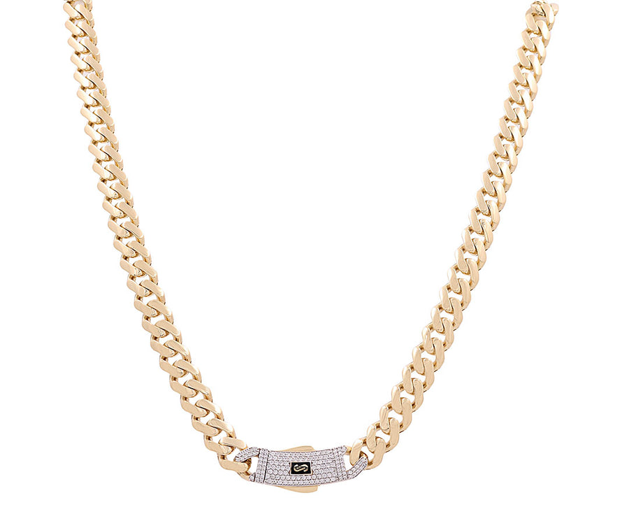 Miral Jewelry's 14K Yellow Gold Monaco Chain necklace features a decorative clasp with small gemstones, elegantly crafted in a 20" length.