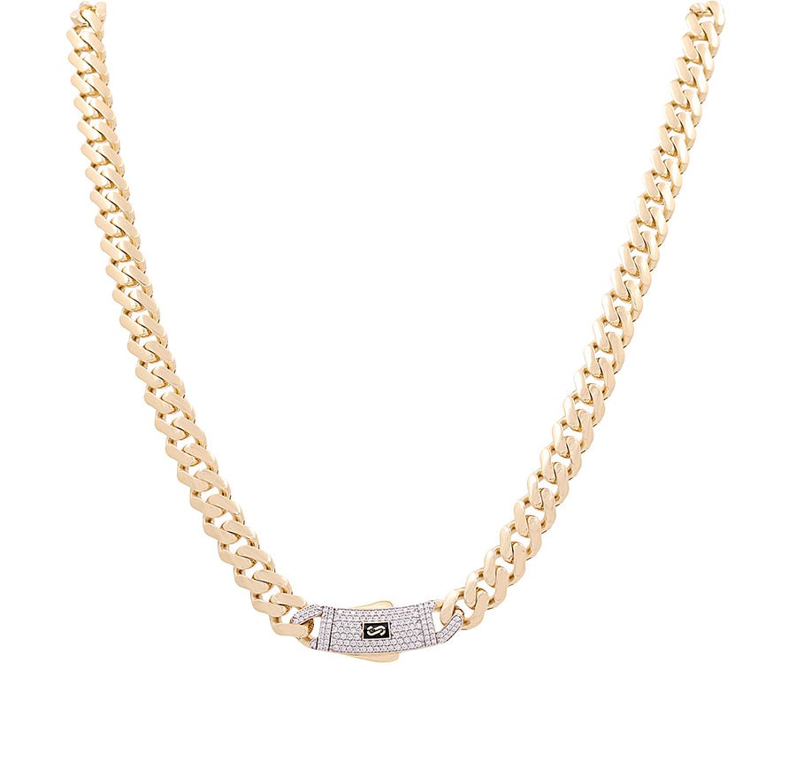 Miral Jewelry's elegant 14K Yellow Gold Monaco Chain necklace, measuring 22 inches, is embellished with a clasp adorned with dainty clear stones.