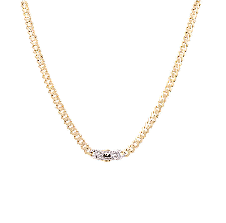 Presenting the elegant 14K Yellow Gold Monaco Chain by Miral Jewelry, a 22" necklace that showcases a decorative clasp adorned with small diamonds in the sophisticated Monaco Chain style.