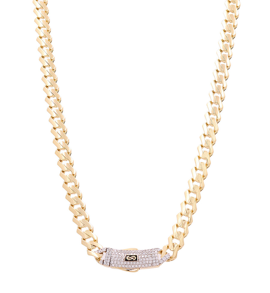 Luxurious jewelry piece: the stunning Miral Jewelry 14K Yellow Gold Monaco Chain 22" necklace, featuring a detailed clasp adorned with small gemstones.