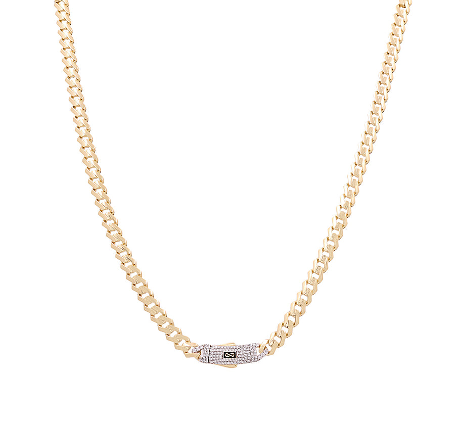 Introducing the exquisite 14K Yellow Gold Monaco Chain 20" by Miral Jewelry, featuring a decorative clasp adorned with delicate gemstones.