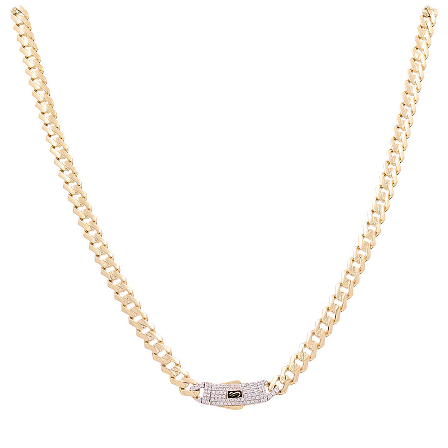 Introducing the exquisite 24" Monaco Chain Necklace by Miral Jewelry, crafted from 14K yellow gold and highlighted with a stunning diamond-studded clasp, making it ideal for luxury jewelry enthusiasts.