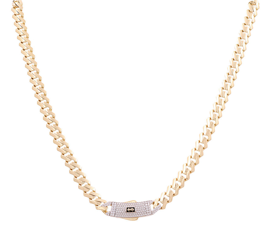 Indulge in the opulence of Miral Jewelry's 14K Yellow Gold Monaco Chain, measuring 22" and adorned with a square clasp set with diamonds and a subtle central accent.