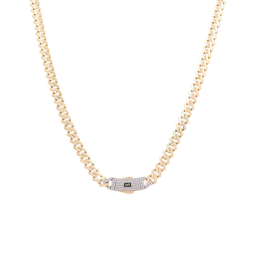 A luxurious Miral Jewelry Monaco Chain necklace in 14K Yellow Gold, measuring 24 inches, adorned with a clasp featuring embedded diamonds.