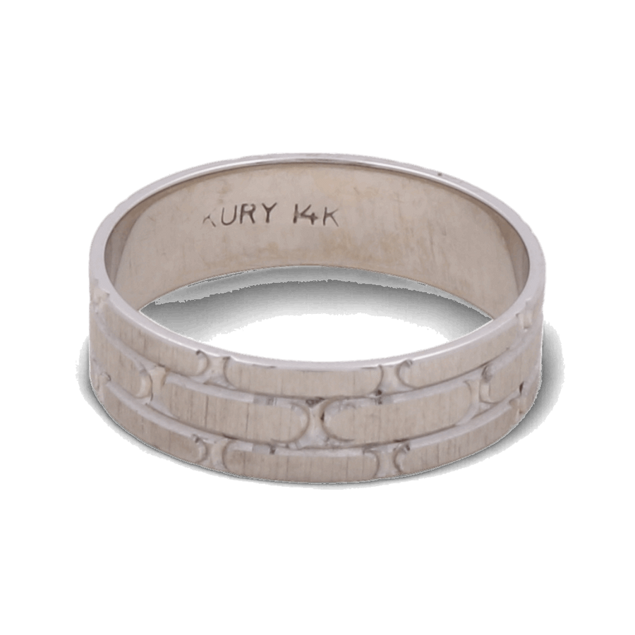 The 14K White Gold Wedding Men Ring by Miral Jewelry features an engraved pattern and the inscription "KURY 14K" on the inner band. This luxurious piece is a timeless symbol of enduring commitment.