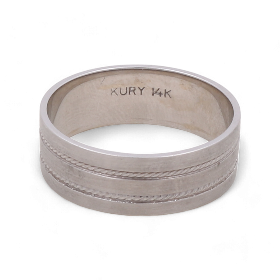 The 14K White Gold Wedding Men Ring by Miral Jewelry features a sleek design with two elegant grooves encircling it and "KURY 14K" inscribed on the inside. An ideal choice for the modern man.