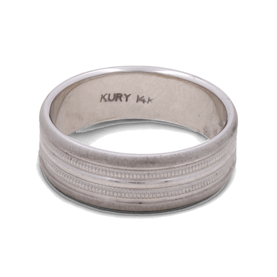 A Miral Jewelry 14K White Gold Wedding Men Ring, featuring a silver hue with an engraved design and the inscription "KURY 14K" inside the band.