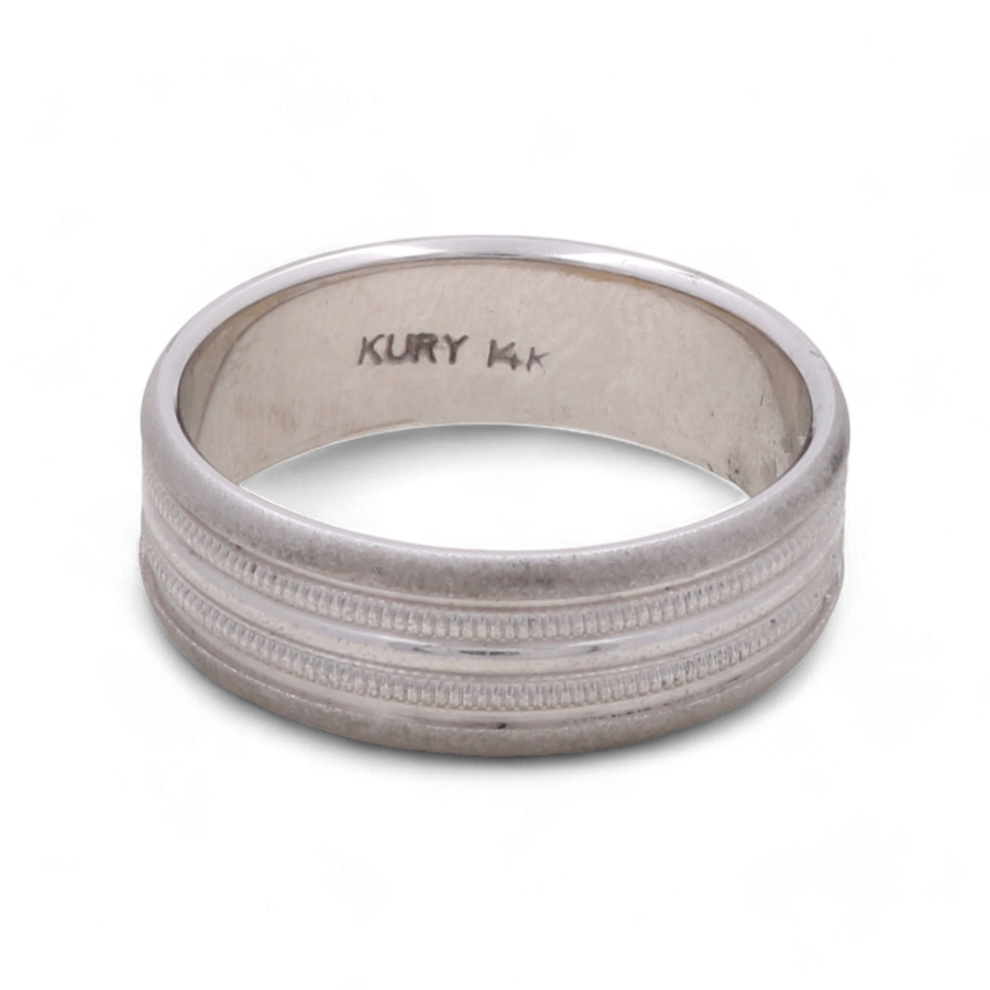 A Miral Jewelry 14K White Gold Wedding Men Ring, featuring a silver hue with an engraved design and the inscription "KURY 14K" inside the band.