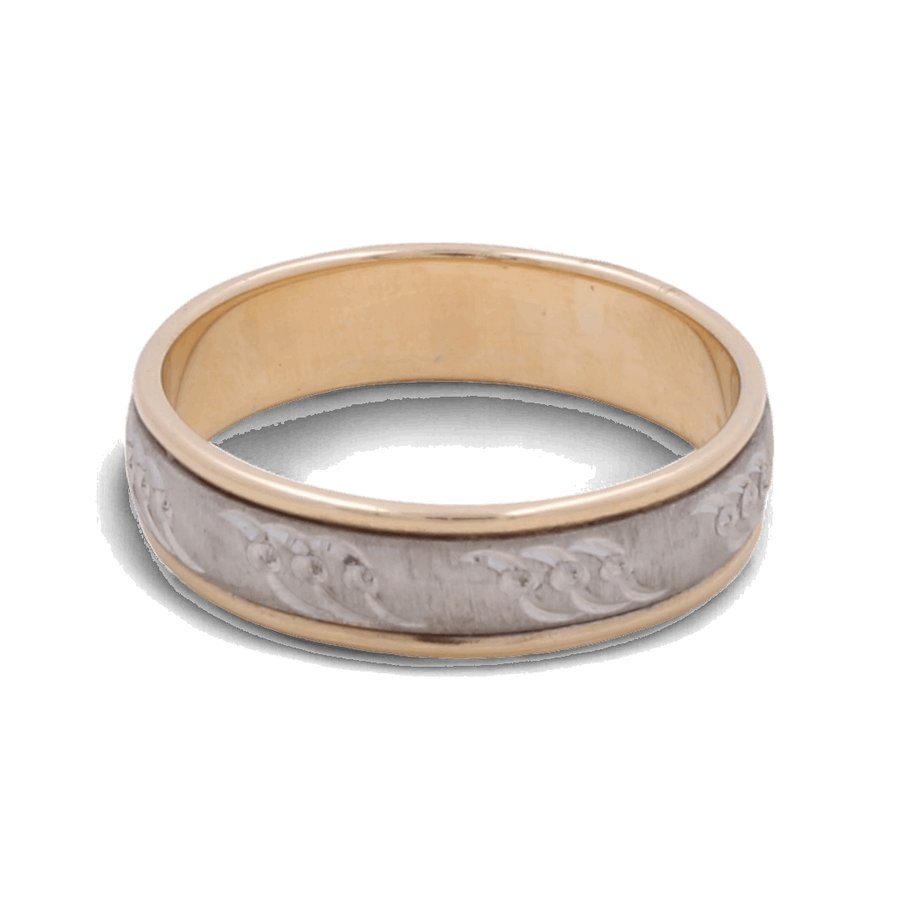 The 14K White and Yellow Gold Wedding Men Ring from Miral Jewelry boasts a sophisticated two-tone design with an intricate engraved pattern on the outer band, while the inner band remains a plain gold, enhancing its elegance.