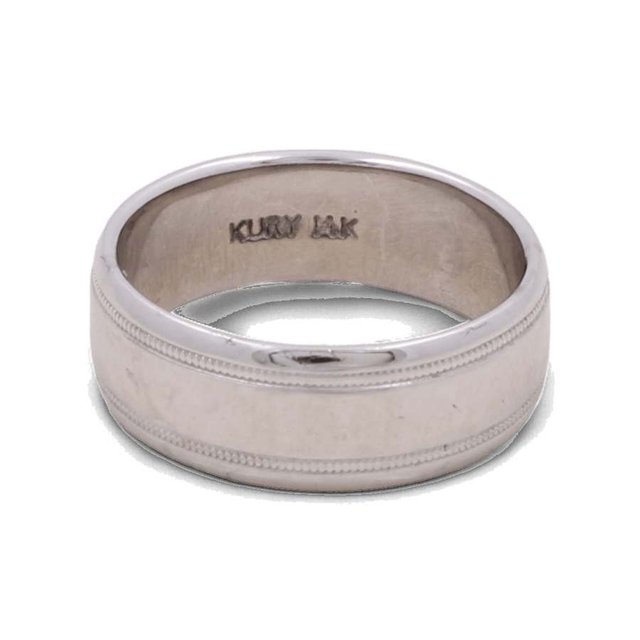 A distinguished 14K White Gold Wedding Men Ring by Miral Jewelry, featuring the engraved text "KURY IAK" on the inside. The ring boasts a smooth polished exterior complemented by a decorative band, making it an elegant selection.