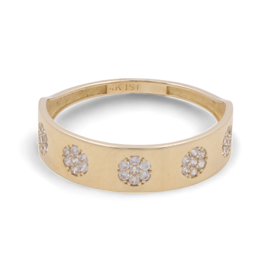 The Miral Jewelry 14K Yellow Gold Wedding Little Flowers Men Ring showcases a luxurious floral design adorned with small white stones.