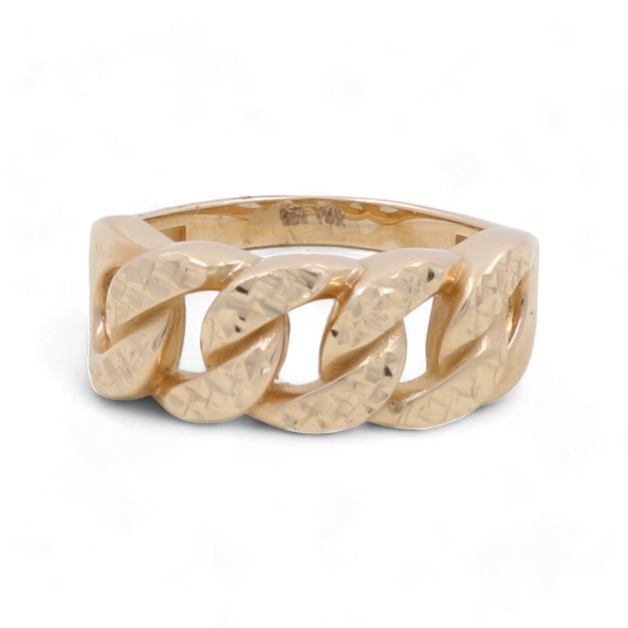 The 14K Yellow Gold Wedding Men’s Ring by Miral Jewelry is a luxurious piece featuring an interlocking chain design, with each link showcasing a textured pattern.