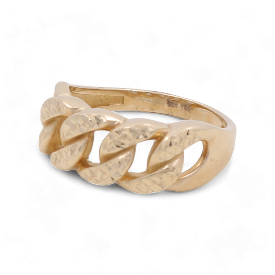 The 14K Yellow Gold Wedding Men Ring from Miral Jewelry features a sophisticated chain link design, making it the ideal luxury wedding ring for men.