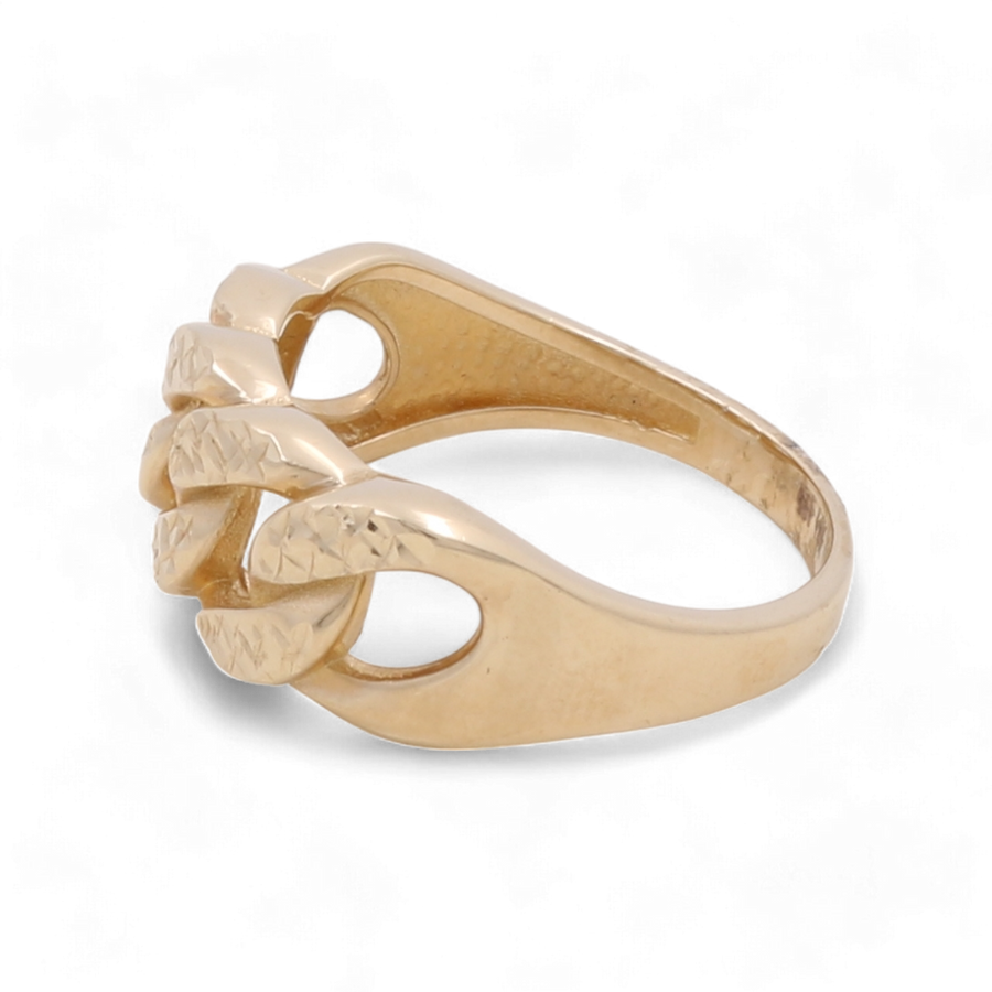 The 14K Yellow Gold Fashion Men Ring by Miral Jewelry showcases an intricate, interwoven design with a smooth band, making it ideal for men.