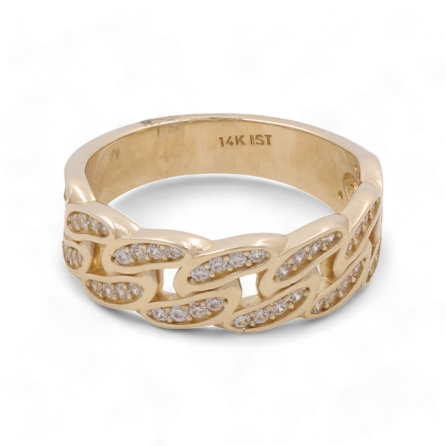 This exquisite 14K yellow gold men's wedding ring from Miral Jewelry features a linked chain design encrusted with small zirconia stones, stamped with "14K IST" on the inner band. The 14K Yellow Gold Wedding with Zirconias Men Ring balances elegance and style perfectly.