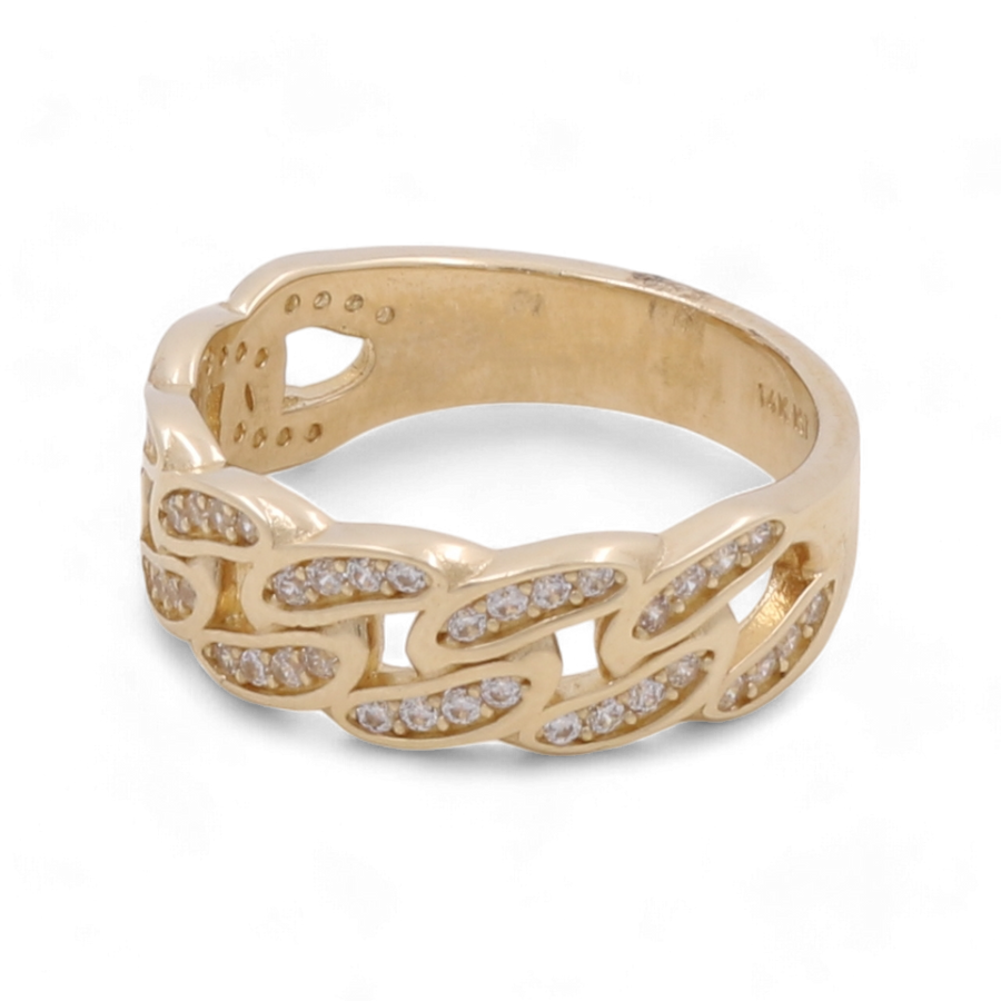 The 14K Yellow Gold Wedding with Zirconias Men Ring from Miral Jewelry is a sophisticated men's wedding ring featuring a chain-link design embellished with small zirconia stones on each link. The band itself is crafted from 14-karat yellow gold, creating a perfect blend of elegance and masculinity.