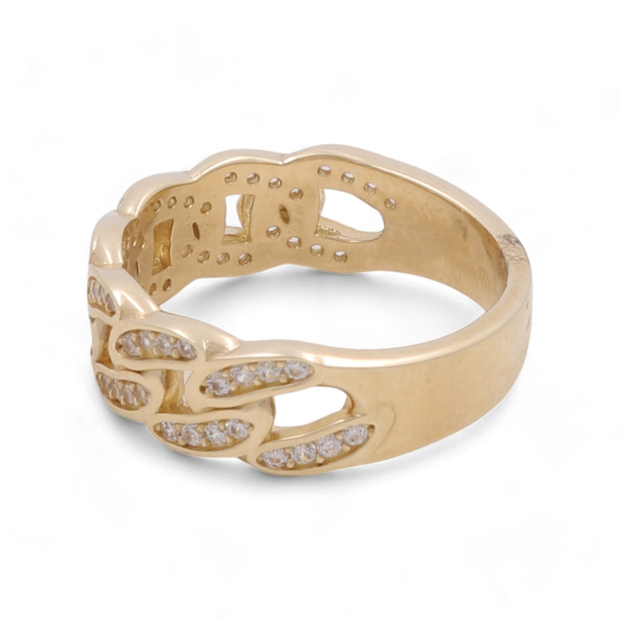 The 14K Yellow Gold Wedding with Zirconias Men Ring by Miral Jewelry features a distinctive hand-gripping design set with small circular zirconias.