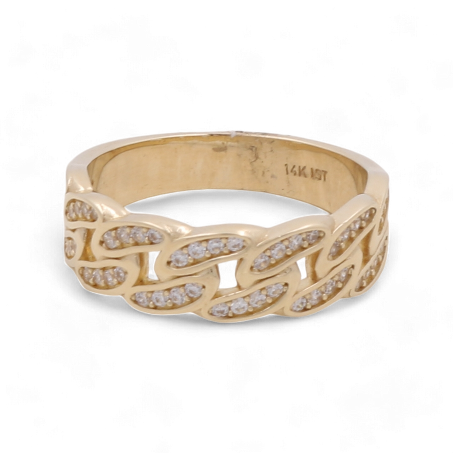 Miral Jewelry's 14K Yellow Gold Fashion Braids with Zirconias Men Ring showcases a stylish chain-link design accented with small zirconia stones. The engraving inside reads "14K NST," and the ring also features intricate braided details that add a touch of sophistication.