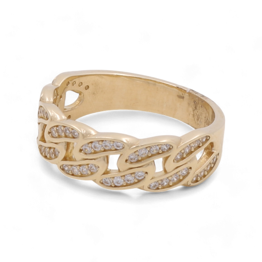 Introducing the 14K Yellow Gold Fashion Braids with Zirconias Men Ring by Miral Jewelry, a stunning piece featuring a chain link design and adorned with shimmering zirconias.