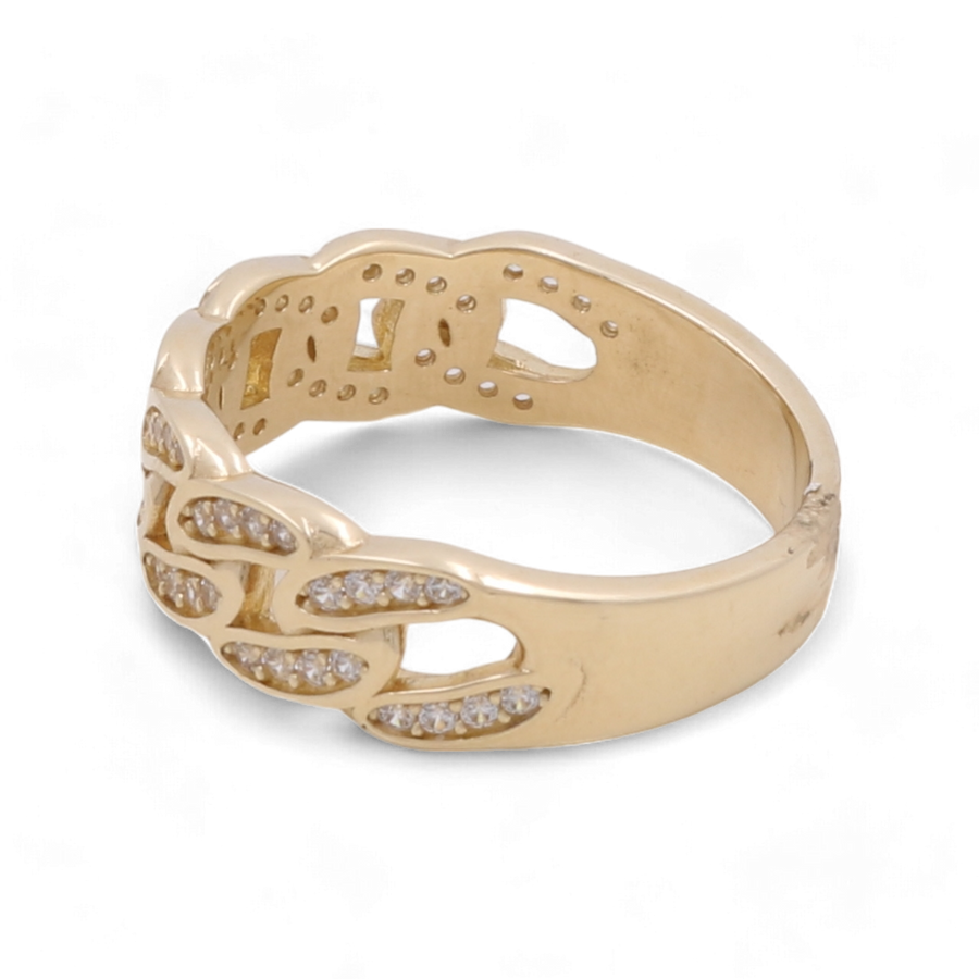 Miral Jewelry's 14K Yellow Gold Fashion Braids with Zirconias Men Ring boasts a linked design, small embedded diamonds, and intricate braiding.