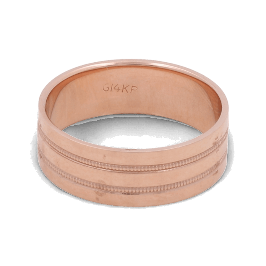 An elegant men's wedding ring in 14K rose gold from Miral Jewelry, featuring textured bands and engraved with "G14KP" on the inner surface.