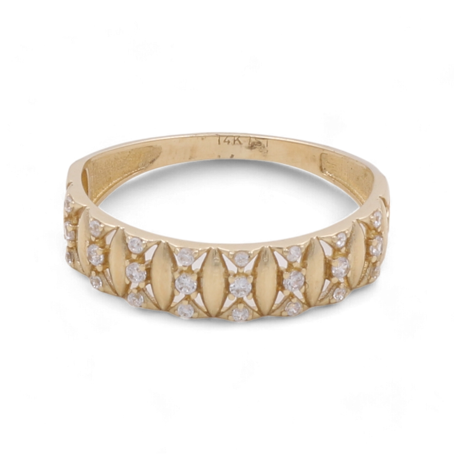 The Miral Jewelry 14K Yellow Gold Fashion Women Ring is a beautifully crafted piece featuring a patterned design adorned with multiple small zirconias.