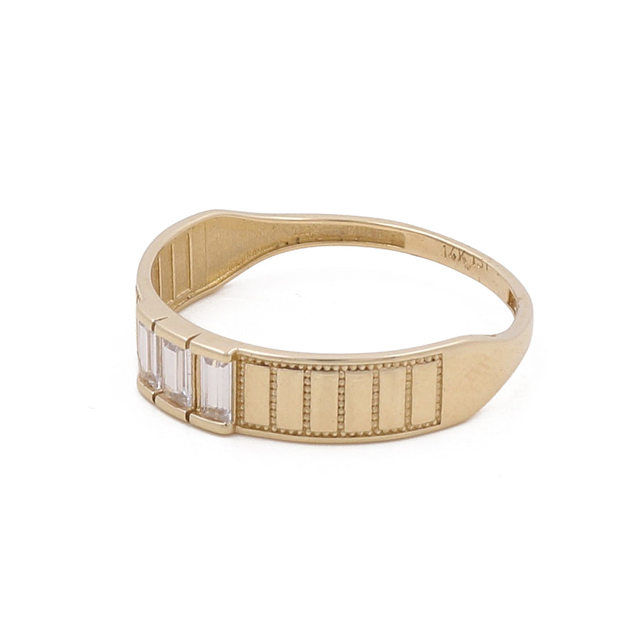 The Miral Jewelry 14K Yellow Gold Men Wedding Ring with Zirconias features three rectangular zirconias set in a vertical alignment on the band.