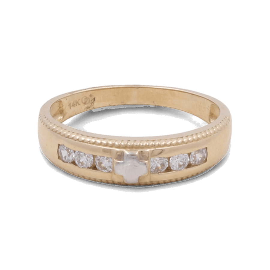 Miral Jewelry's 14K Yellow and White Gold Fashion Men Ring features a cross symbol and seven sparkling zirconia stones embedded in the band, marked "14K".