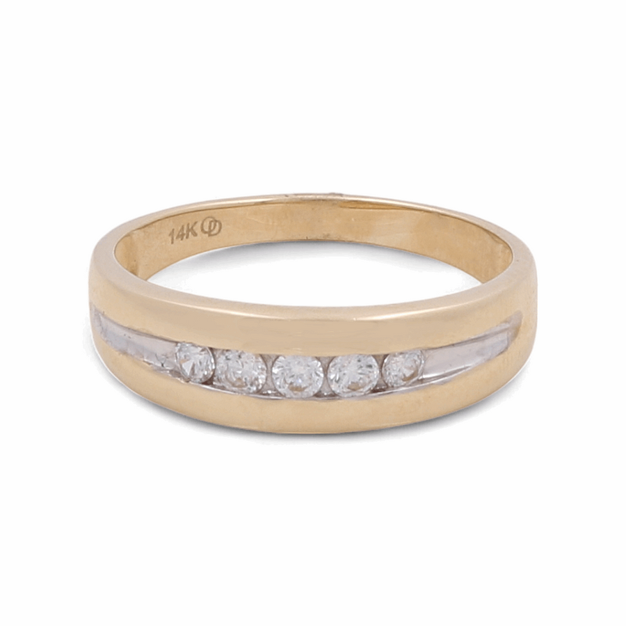 The Miral Jewelry 14K Yellow and White Gold Fashion Men's Ring showcases five small zirconia stones arranged in a row and features an engraving that reads "14K".