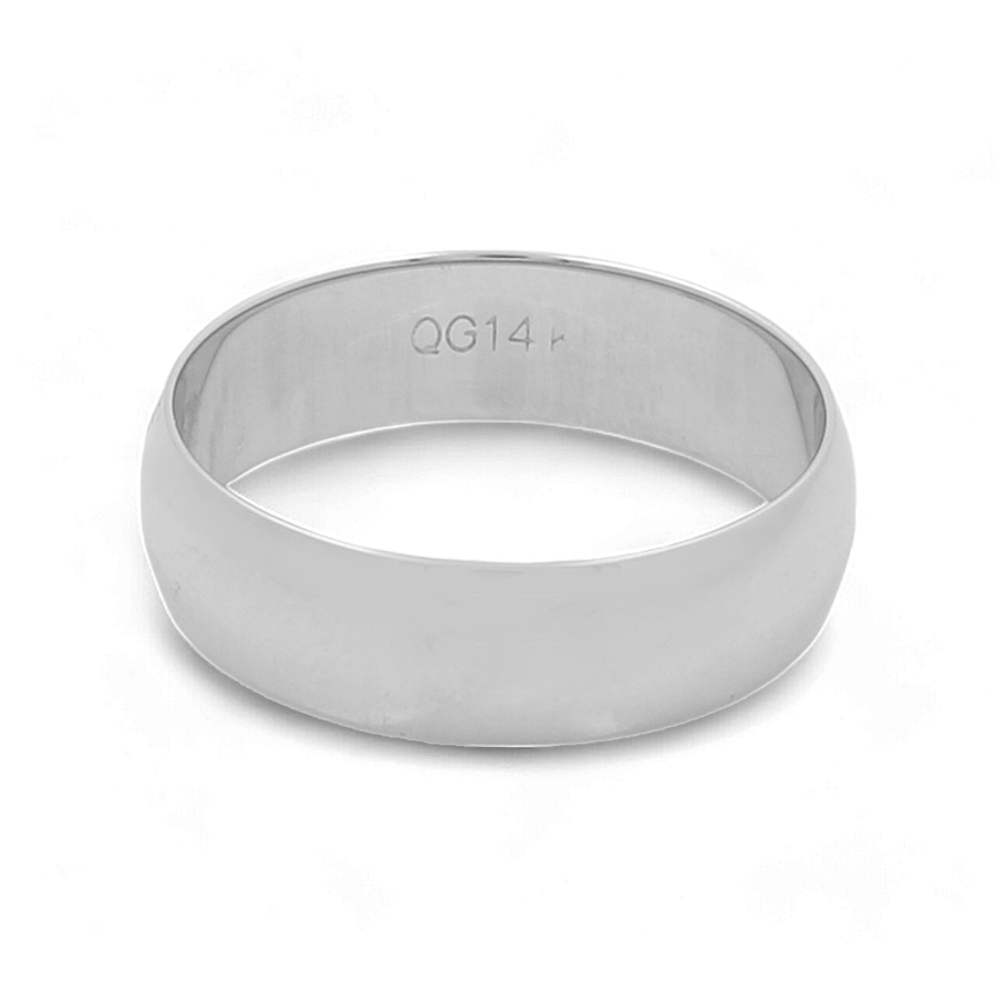 A sophisticated 14K White Gold Wedding Men's Ring with a smooth finish, crafted by Miral Jewelry and inscribed with "QG14" on the inside.