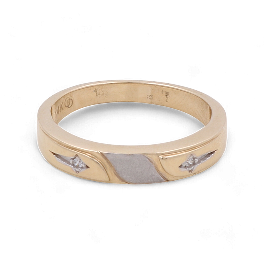 A 14K Yellow and White Gold Wedding Band for men by Miral Jewelry, featuring zirconia inlays symmetrically positioned on either side of a central, unembellished section.